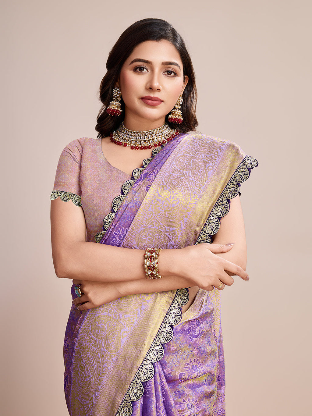 Vedant Vastram Soft Litchi Silk Kanjeevaram Silk Saree - Lavender