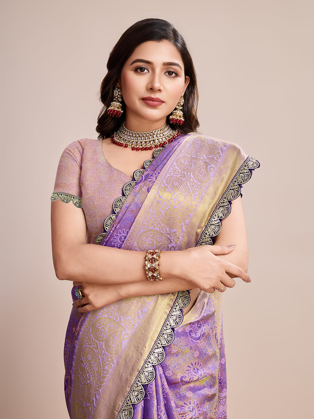 Vedant Vastram Soft Litchi Silk Kanjeevaram Silk Saree - Lavender