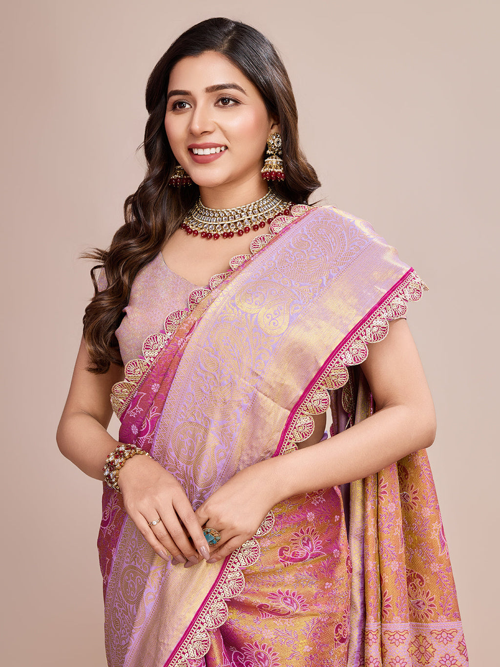 Vedant Vastram Soft Litchi Silk Kanjeevaram Silk Saree - Pink