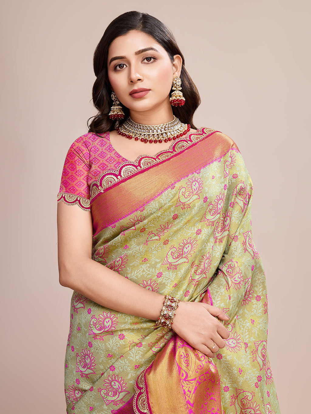 Vedant Vastram Soft Litchi Silk Kanjeevaram Silk Saree - Pista