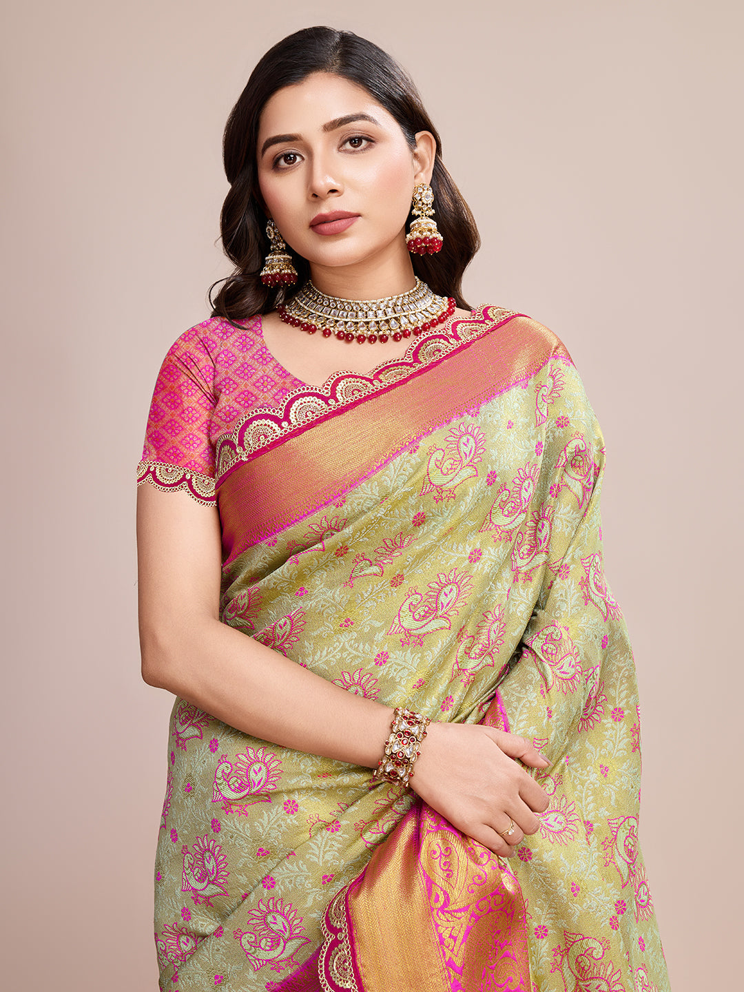 Vedant Vastram Soft Litchi Silk Kanjeevaram Silk Saree - Pista