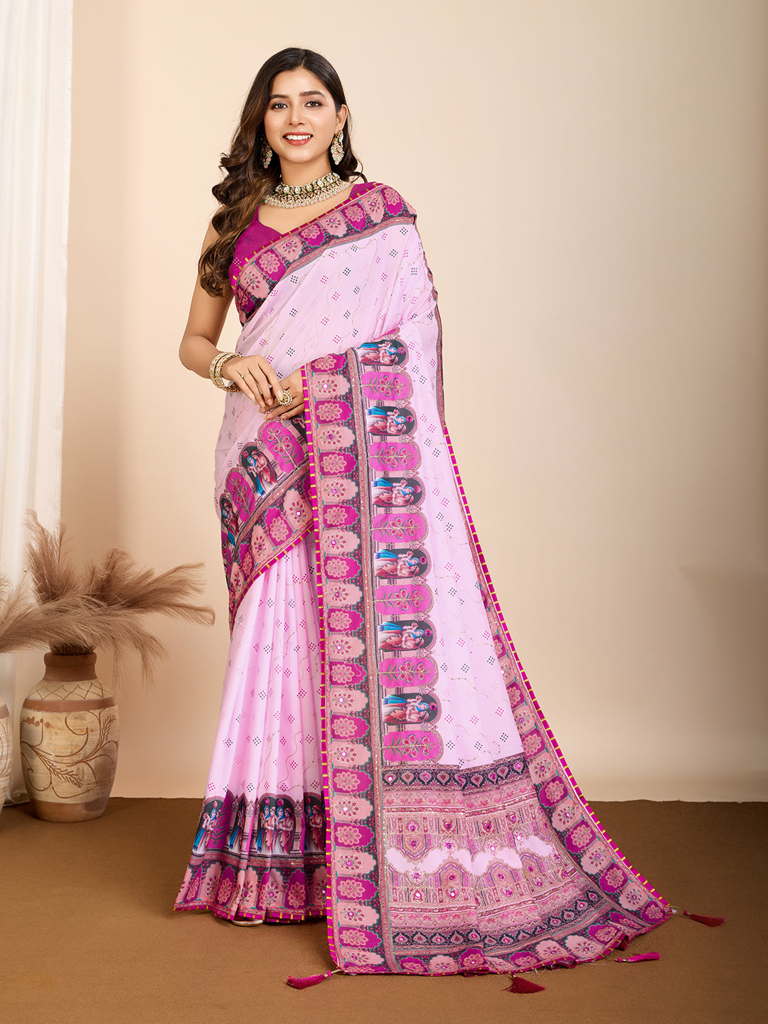 Vedant Vastram Maslin Cotton Digital Printed & Embroidered Work Saree - Baby Pink
