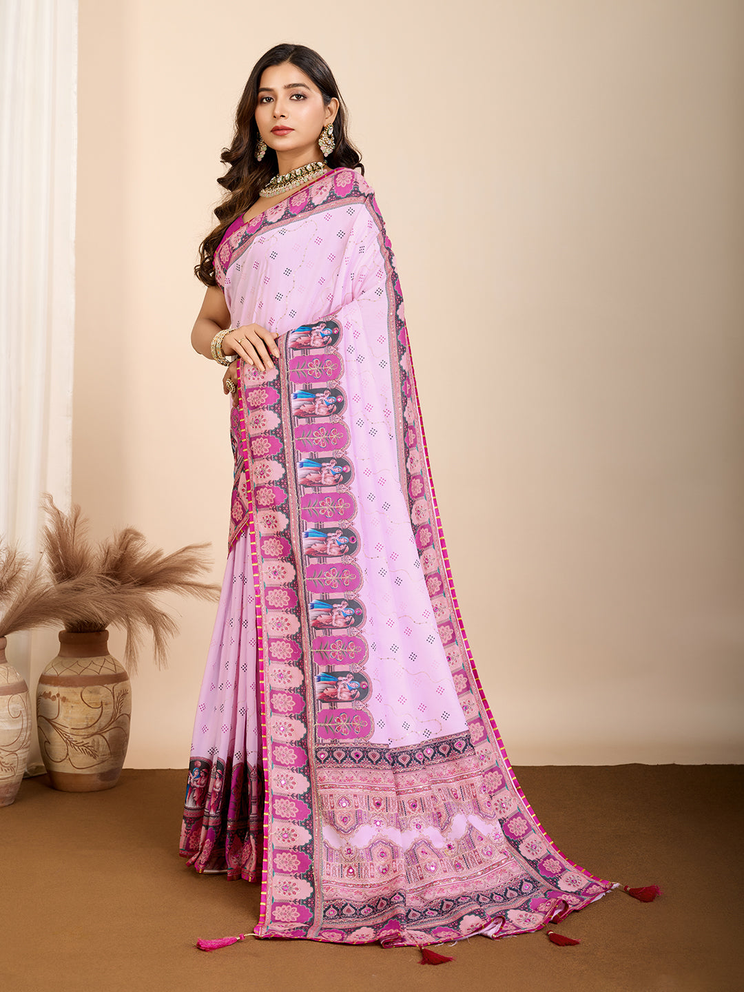 Vedant Vastram Maslin Cotton Digital Printed & Embroidered Work Saree - Baby Pink