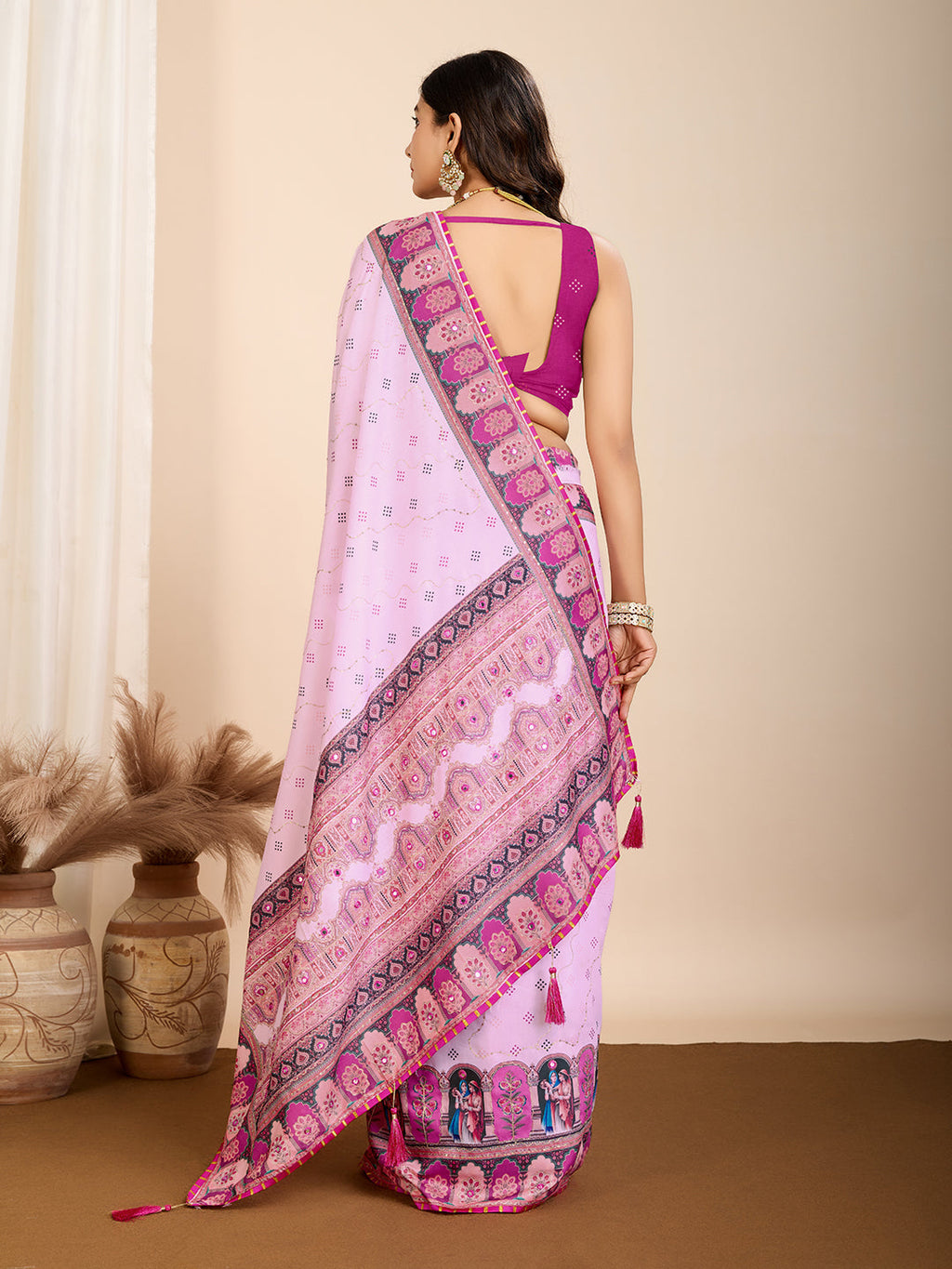 Vedant Vastram Maslin Cotton Digital Printed & Embroidered Work Saree - Baby Pink