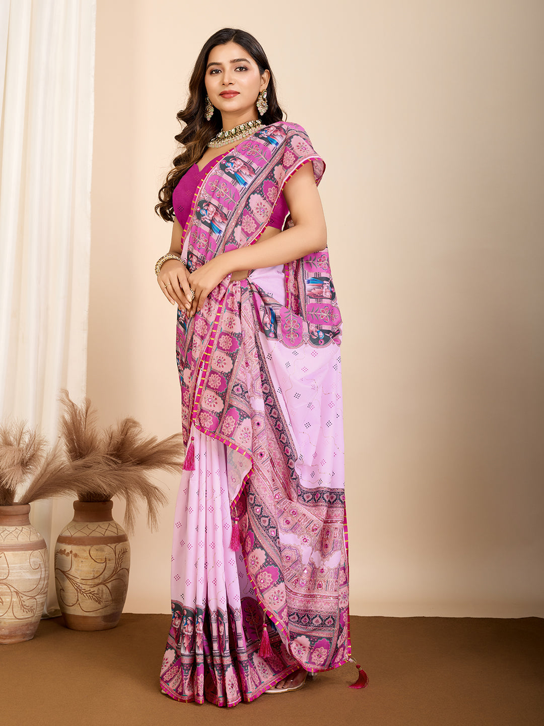 Vedant Vastram Maslin Cotton Digital Printed & Embroidered Work Saree - Baby Pink