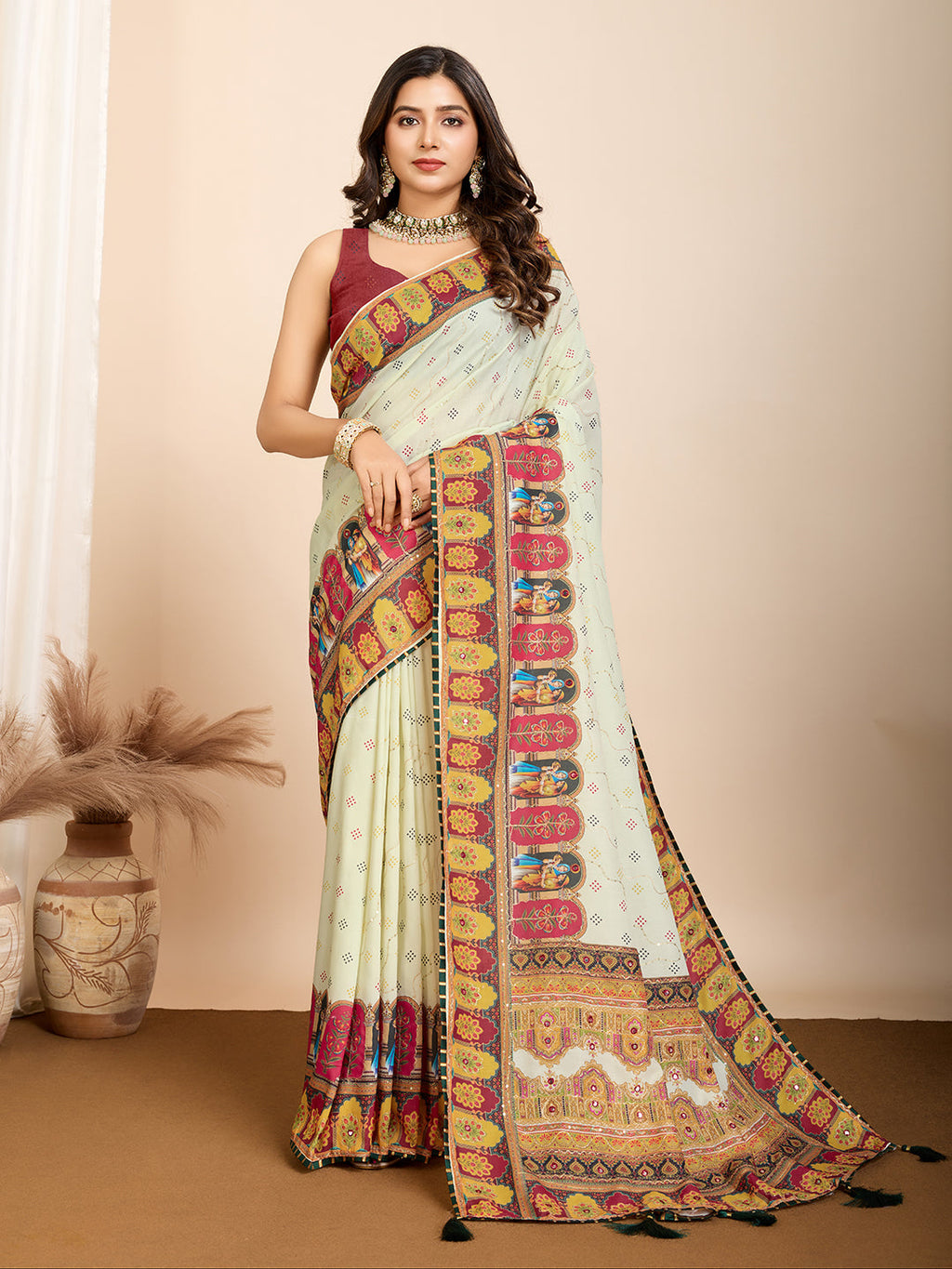 Vedant Vastram Maslin Cotton Digital Printed & Embroidered Work Saree - Beige