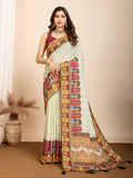 Vedant Vastram Maslin Cotton Digital Printed & Embroidered Work Saree - Beige