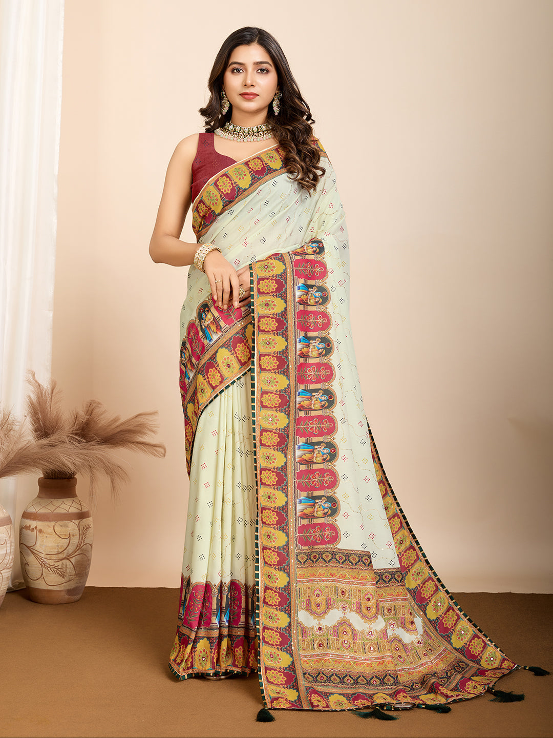 Vedant Vastram Maslin Cotton Digital Printed & Embroidered Work Saree - Beige