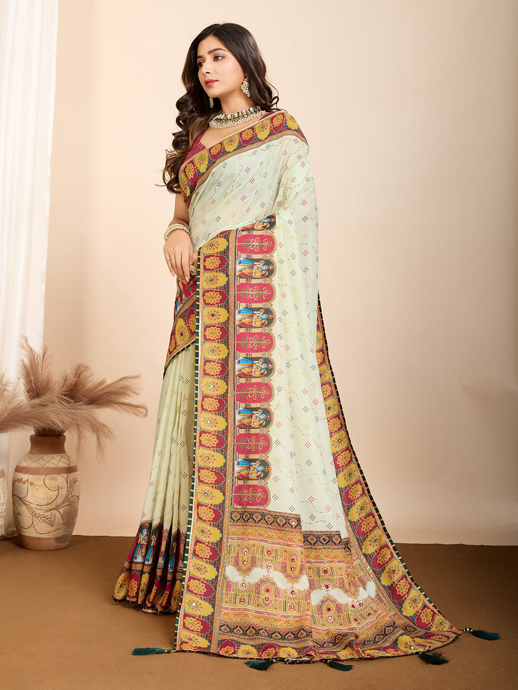 Vedant Vastram Maslin Cotton Digital Printed & Embroidered Work Saree - Beige