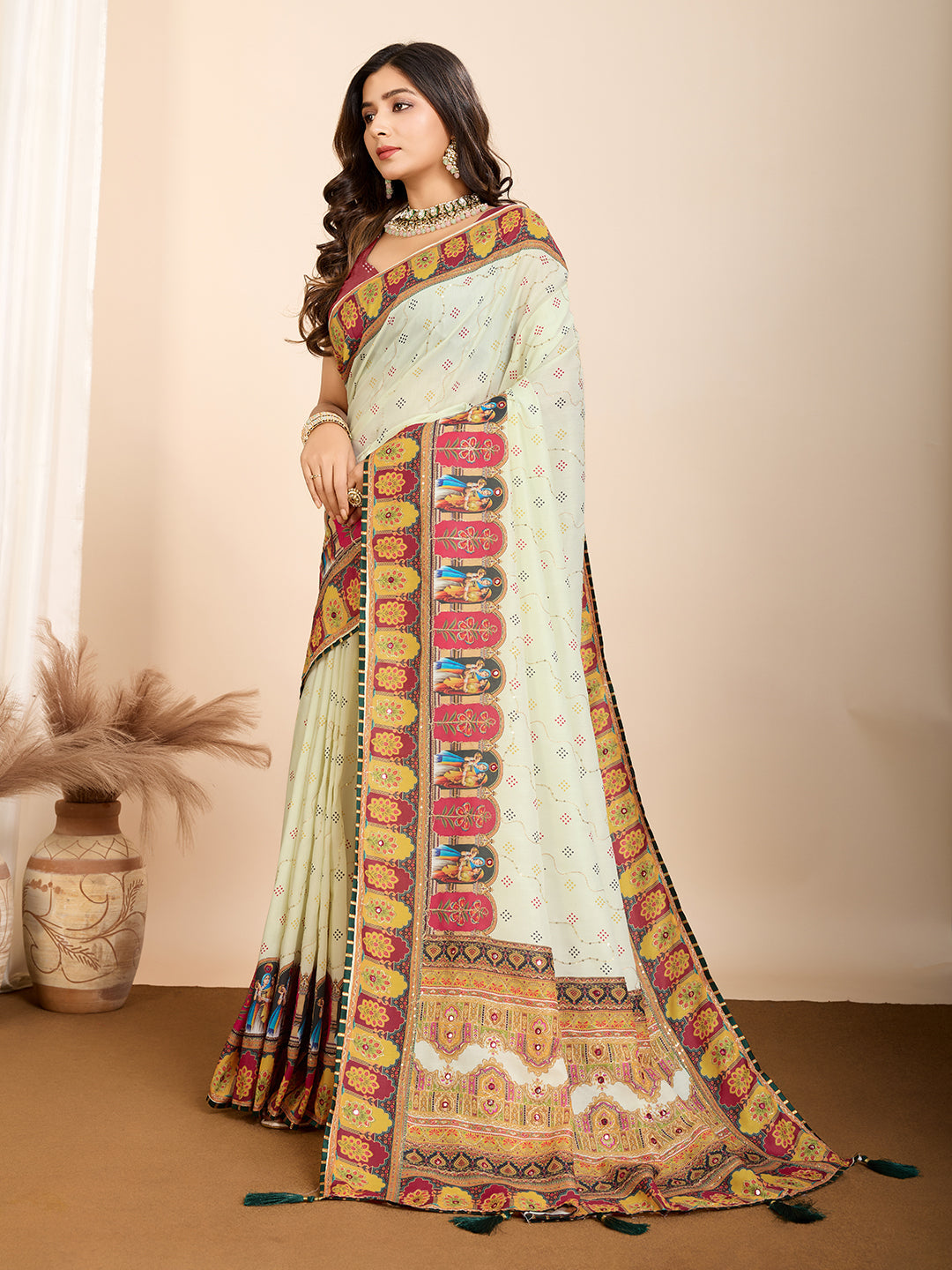 Vedant Vastram Maslin Cotton Digital Printed & Embroidered Work Saree - Beige