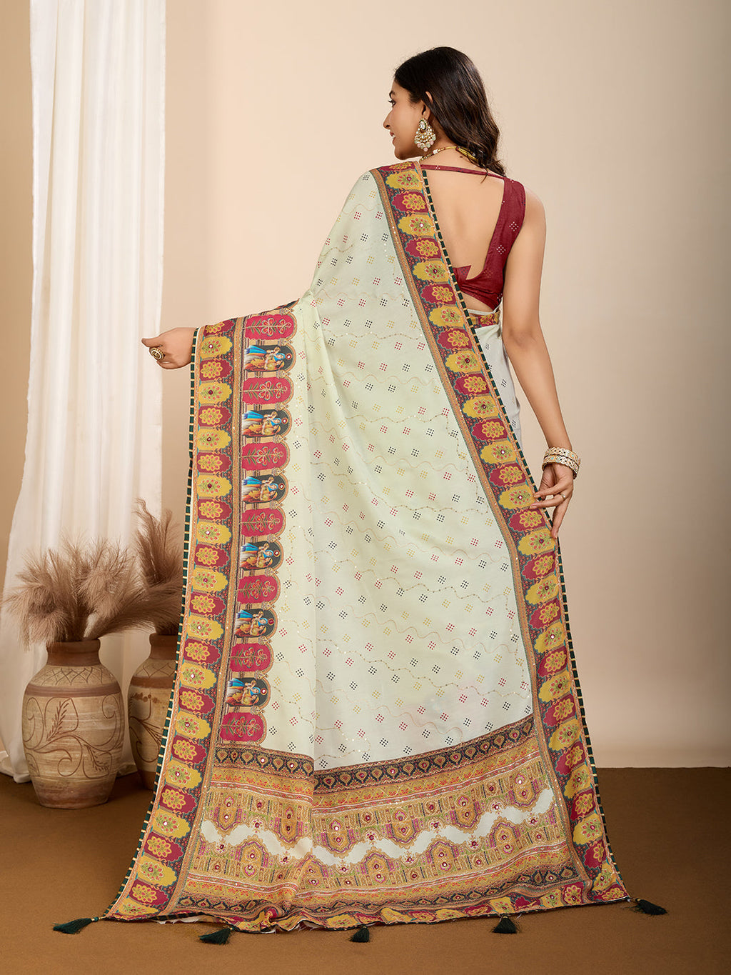 Vedant Vastram Maslin Cotton Digital Printed & Embroidered Work Saree - Beige