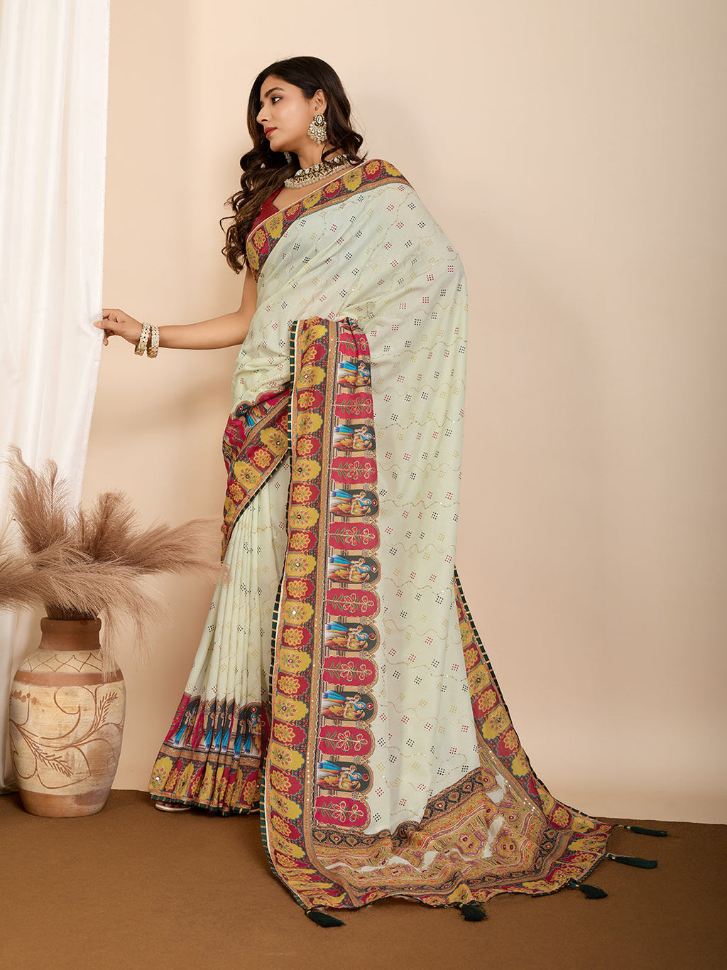 Vedant Vastram Maslin Cotton Digital Printed & Embroidered Work Saree - Beige