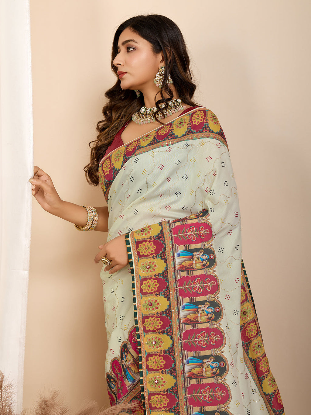 Vedant Vastram Maslin Cotton Digital Printed & Embroidered Work Saree - Beige