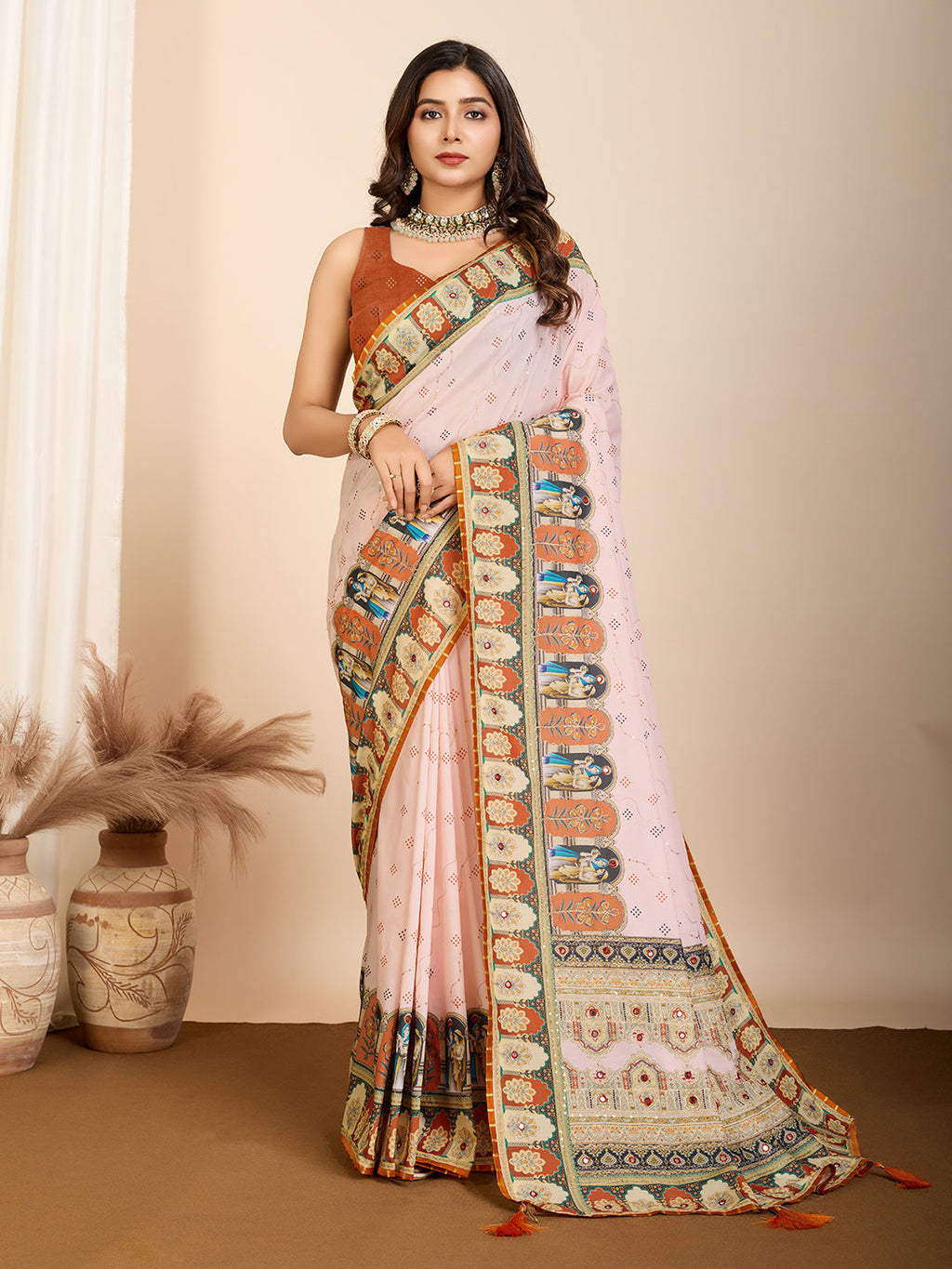 Vedant Vastram Maslin Cotton Digital Printed & Embroidered Work Saree - Orange