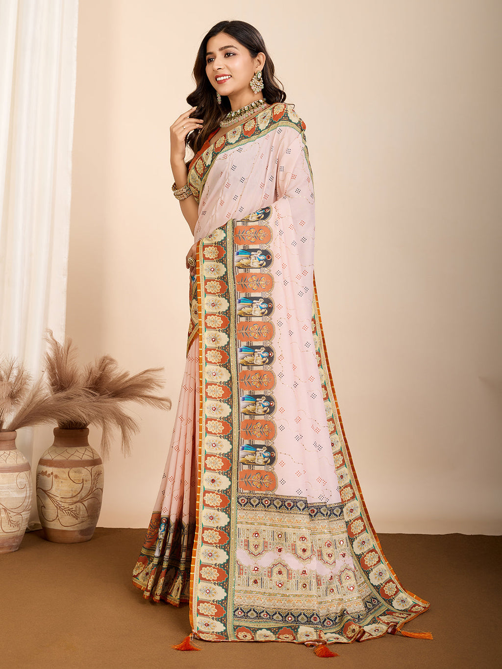 Vedant Vastram Maslin Cotton Digital Printed & Embroidered Work Saree - Orange