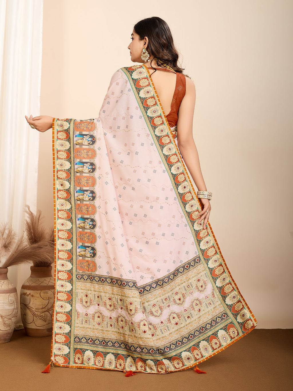 Vedant Vastram Maslin Cotton Digital Printed & Embroidered Work Saree - Orange