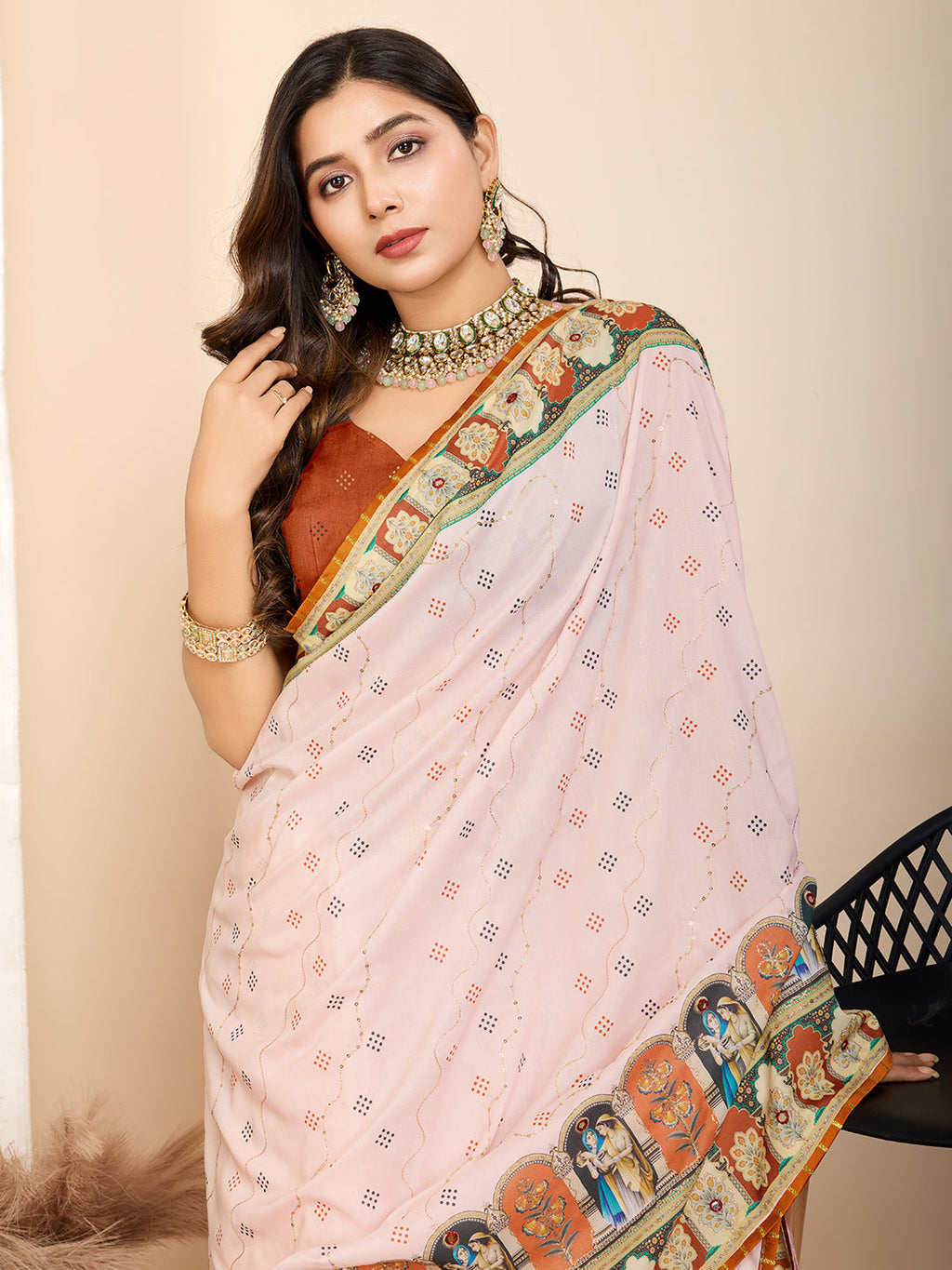 Vedant Vastram Maslin Cotton Digital Printed & Embroidered Work Saree - Orange