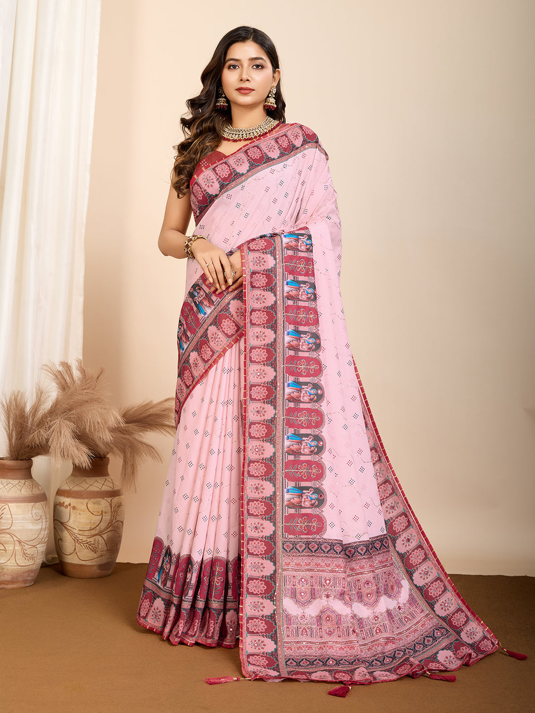 Vedant Vastram Maslin Cotton Digital Printed & Embroidered Work Saree - Pink