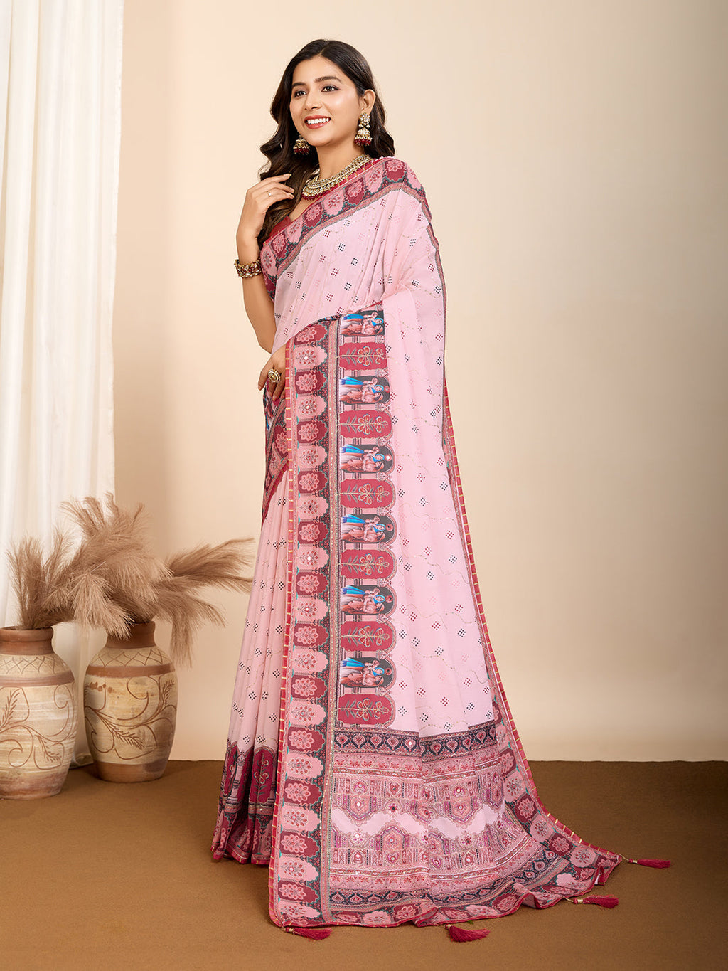 Vedant Vastram Maslin Cotton Digital Printed & Embroidered Work Saree - Pink