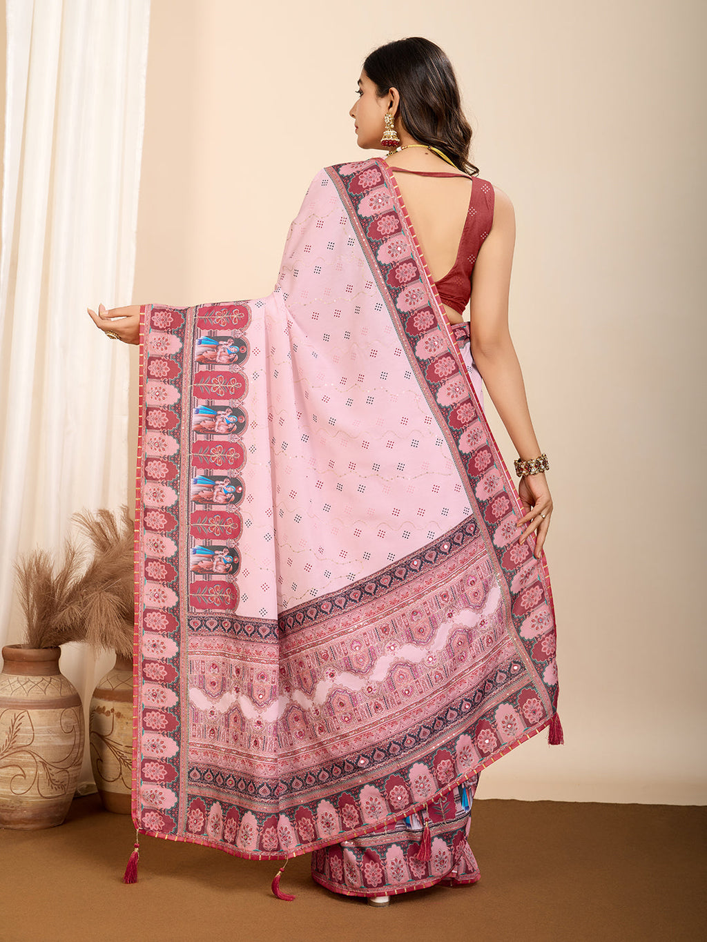 Vedant Vastram Maslin Cotton Digital Printed & Embroidered Work Saree - Pink