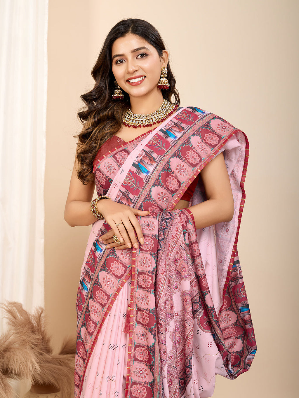 Vedant Vastram Maslin Cotton Digital Printed & Embroidered Work Saree - Pink