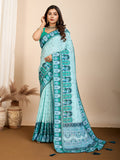 Vedant Vastram Maslin Cotton Digital Printed & Embroidered Work Saree - Turquoise
