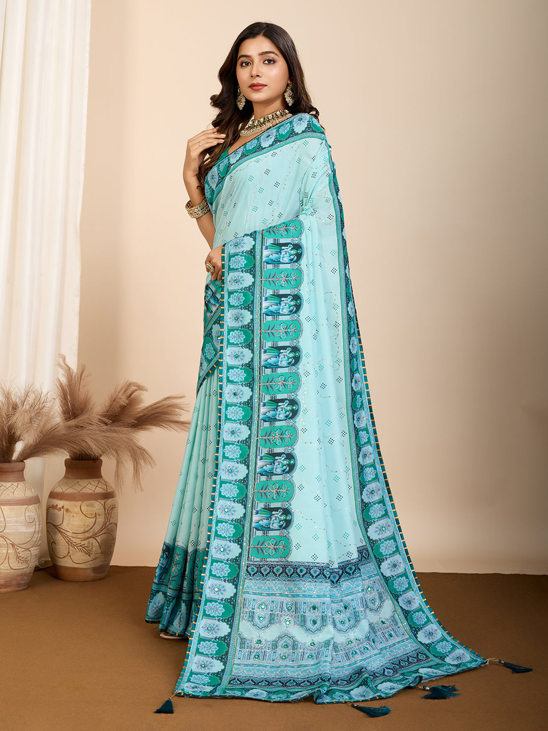 Vedant Vastram Maslin Cotton Digital Printed & Embroidered Work Saree - Turquoise