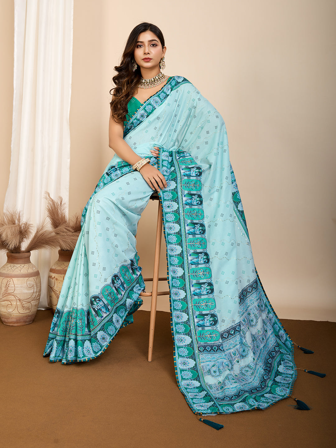 Vedant Vastram Maslin Cotton Digital Printed & Embroidered Work Saree - Turquoise