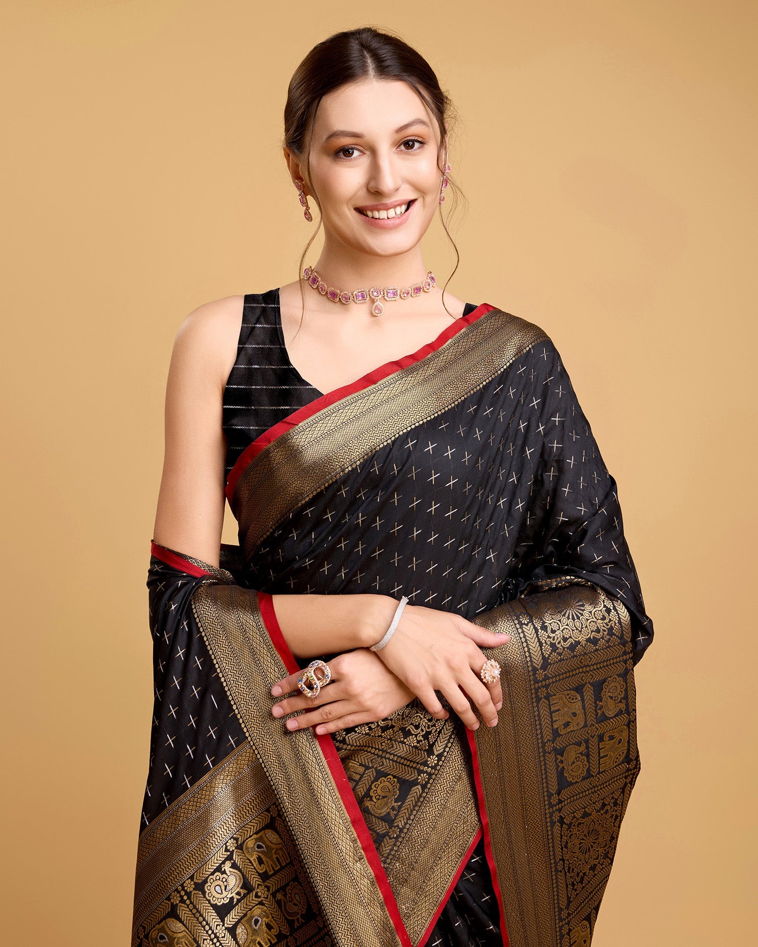 Vedant Vastram Soft Litchi Silk Banarasi Silk Saree - Black
