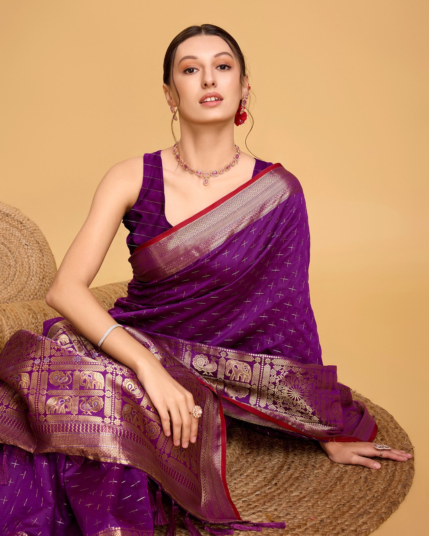 Vedant Vastram Soft Litchi Silk Banarasi Silk Saree - Purple