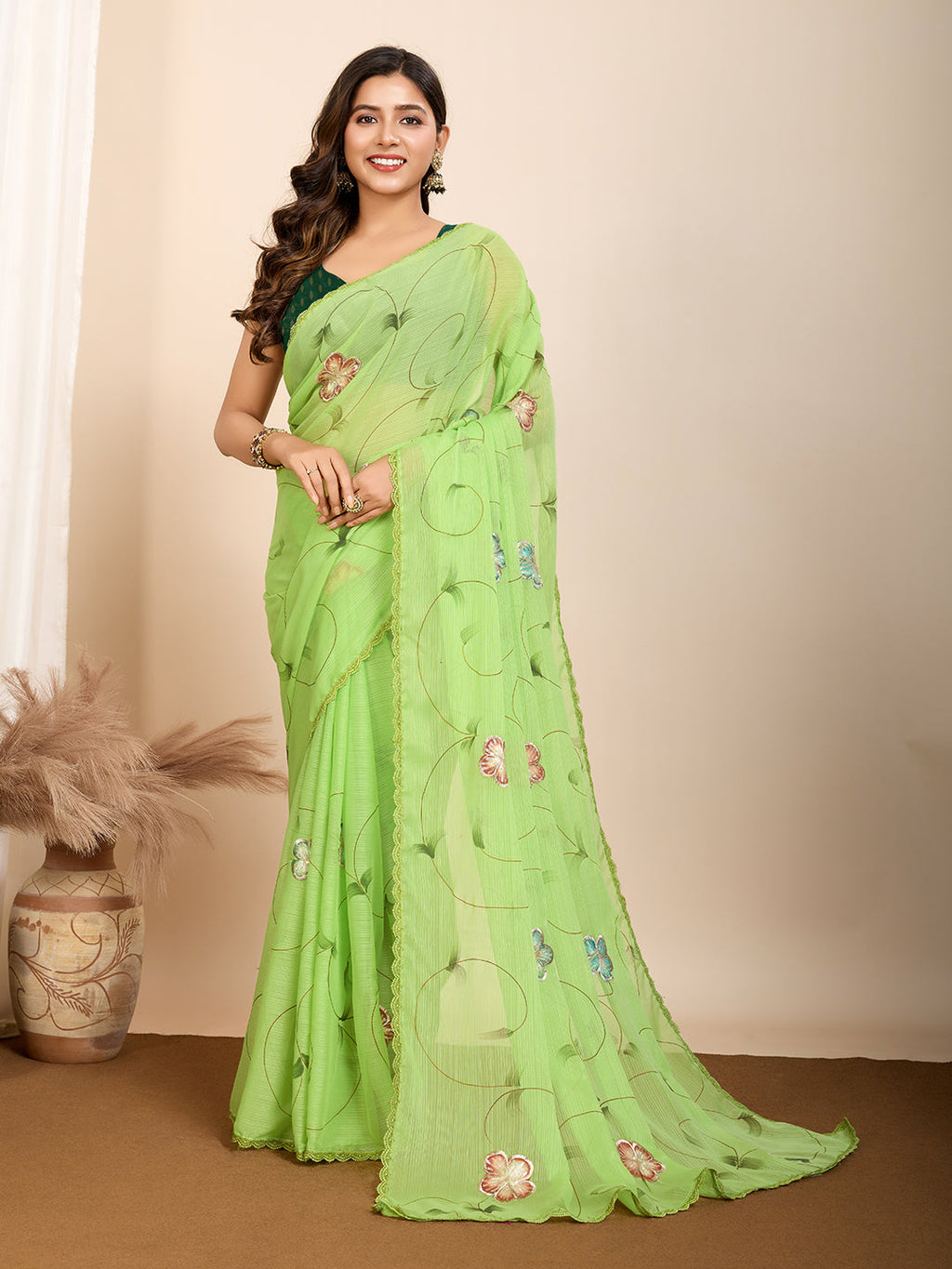 Vedant Vastram Georgette Printed Fancy Saree - Parrot