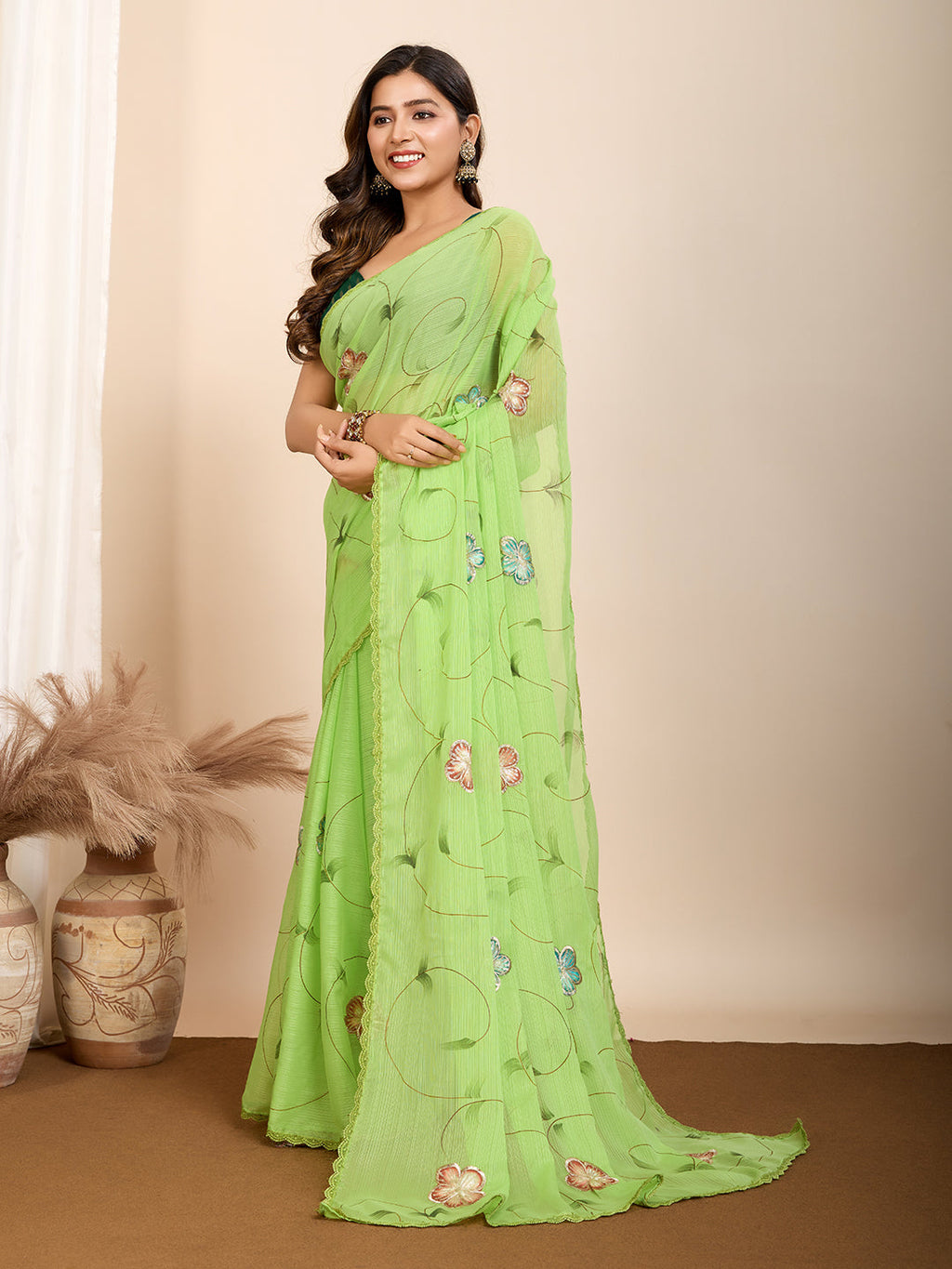 Vedant Vastram Georgette Printed Fancy Saree - Parrot