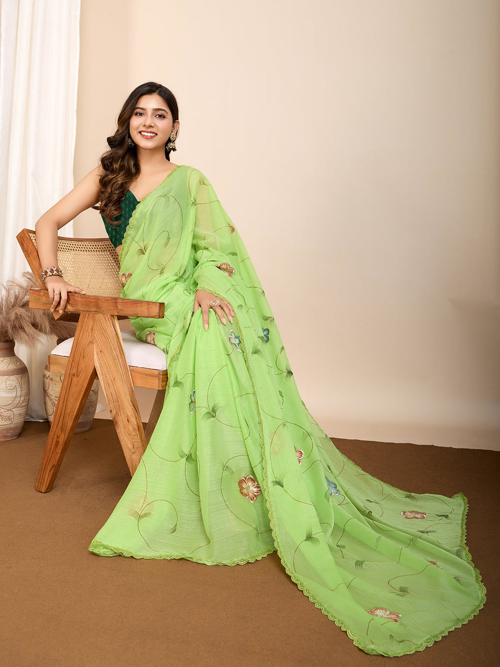 Vedant Vastram Georgette Printed Fancy Saree - Parrot