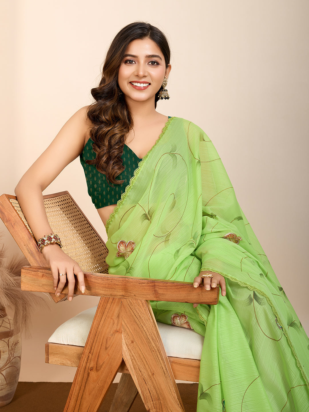 Vedant Vastram Georgette Printed Fancy Saree - Parrot