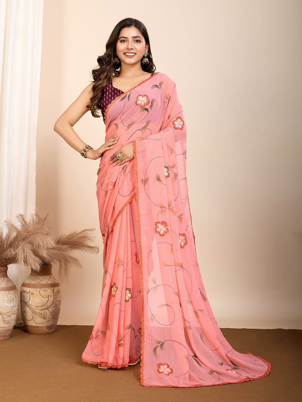 Vedant Vastram Georgette Printed Fancy Saree - Peach