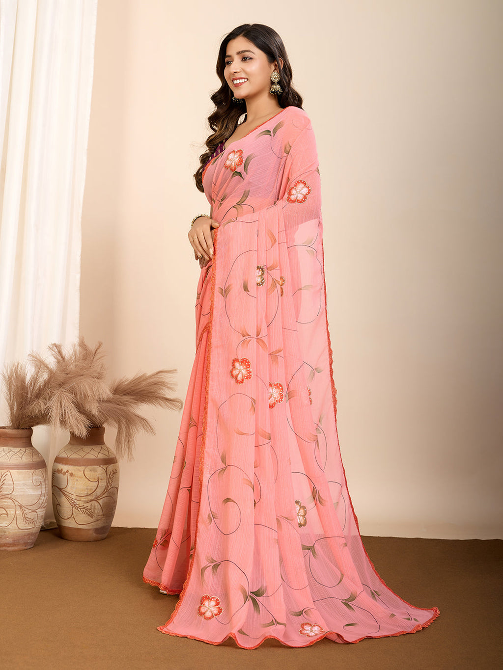 Vedant Vastram Georgette Printed Fancy Saree - Peach