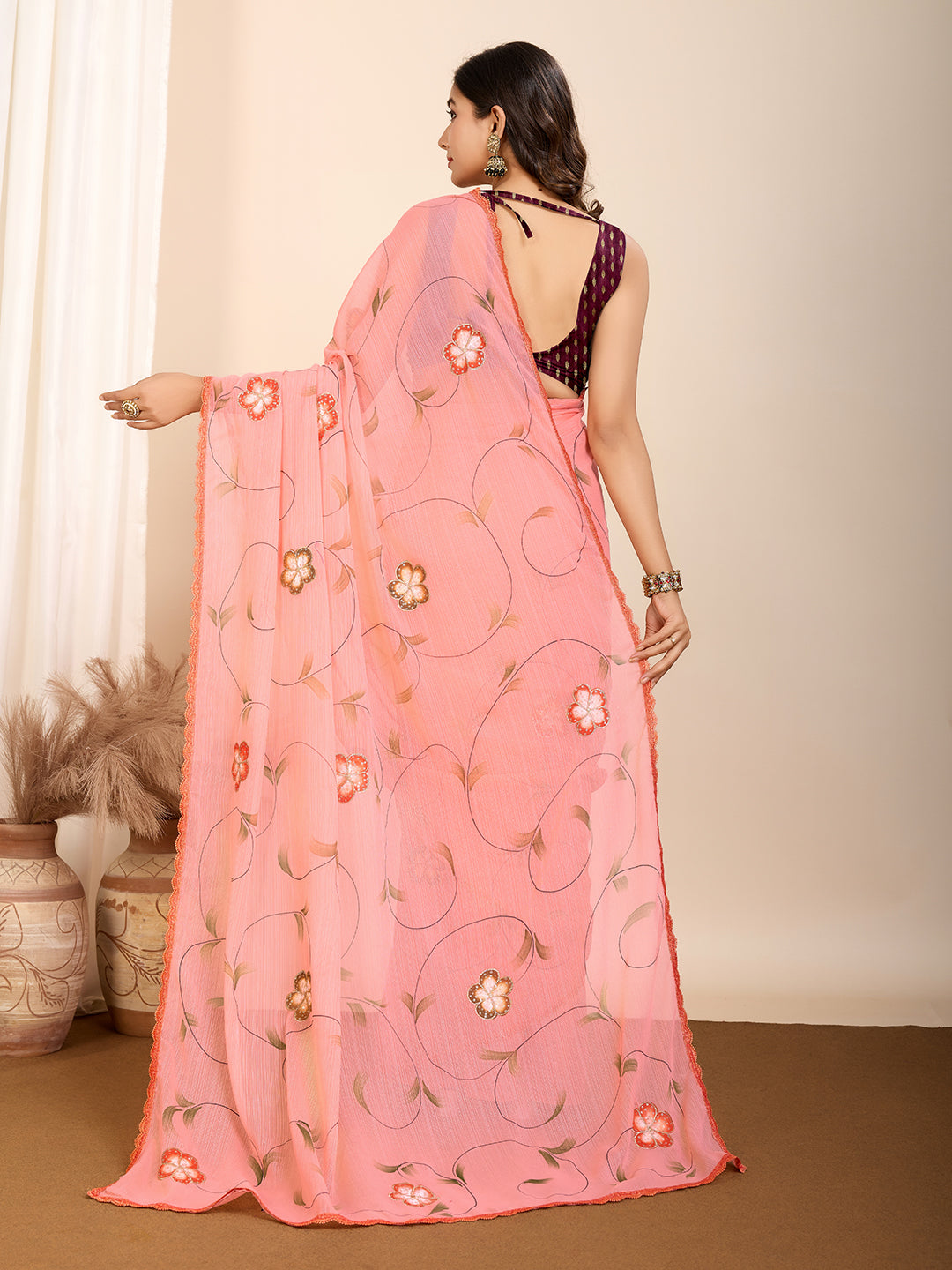 Vedant Vastram Georgette Printed Fancy Saree - Peach