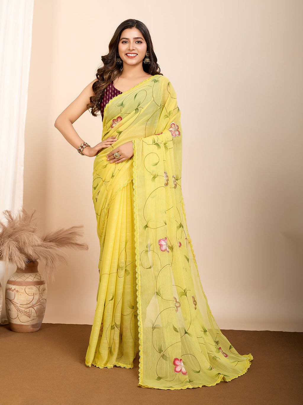 Vedant Vastram Georgette Printed Fancy Saree - Yellow