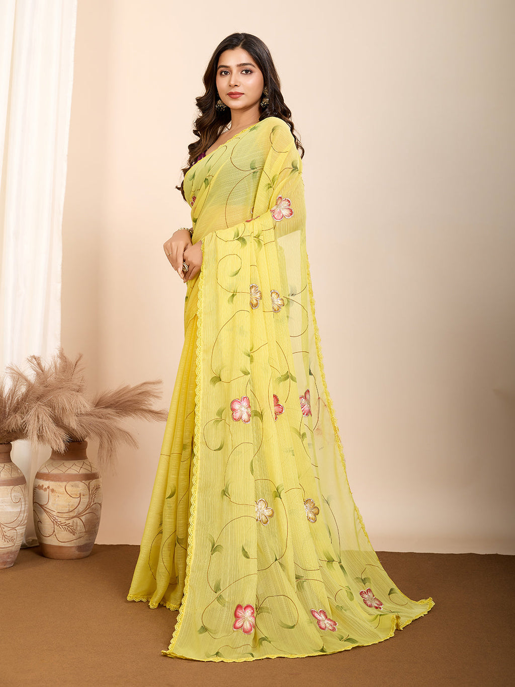 Vedant Vastram Georgette Printed Fancy Saree - Yellow