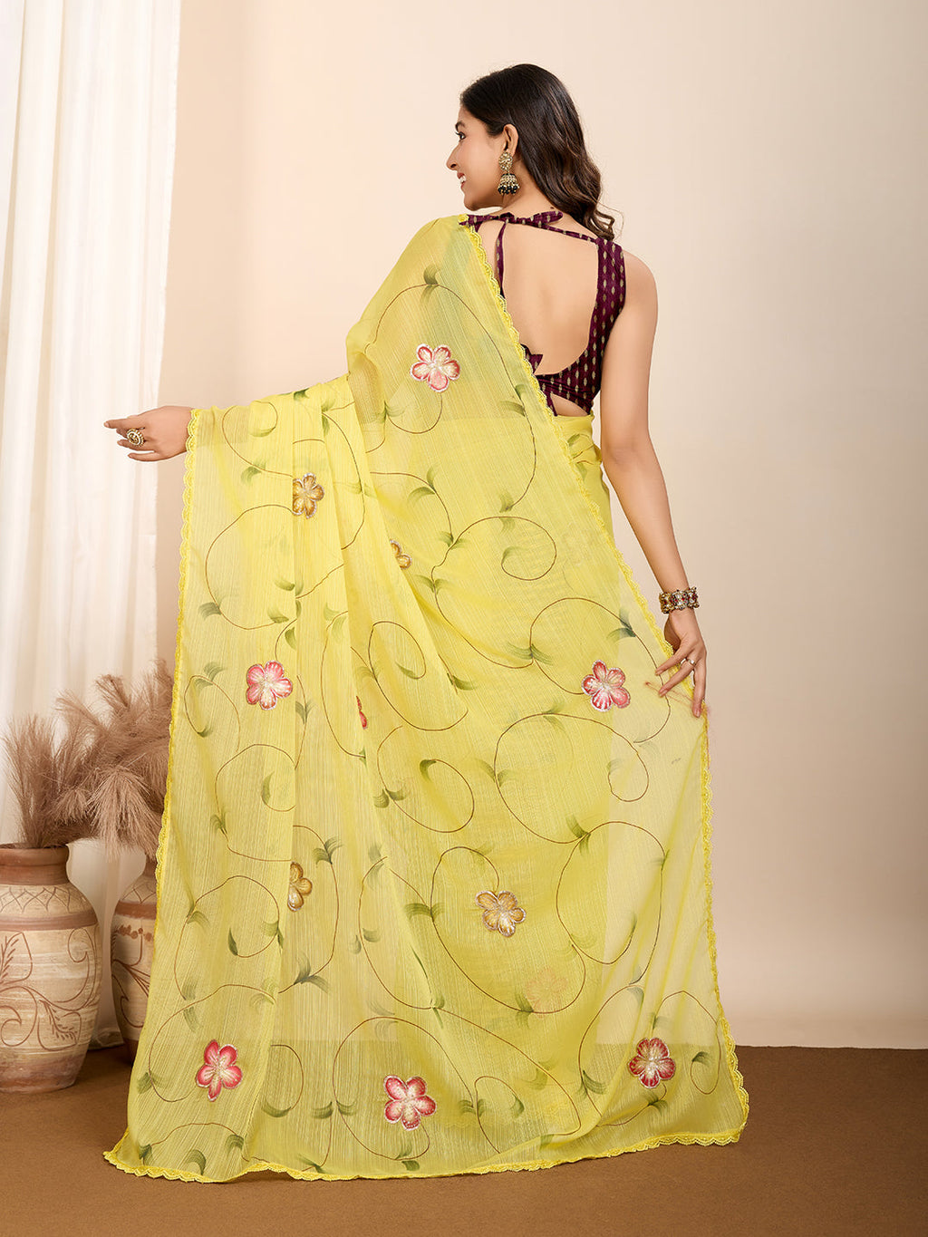 Vedant Vastram Georgette Printed Fancy Saree - Yellow