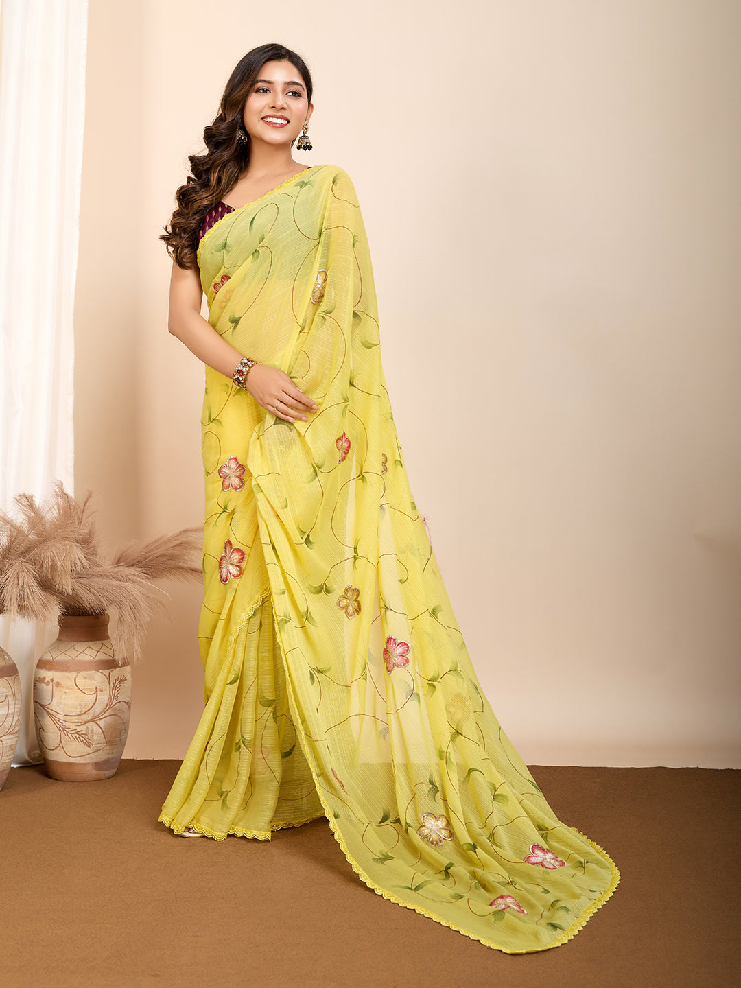 Vedant Vastram Georgette Printed Fancy Saree - Yellow