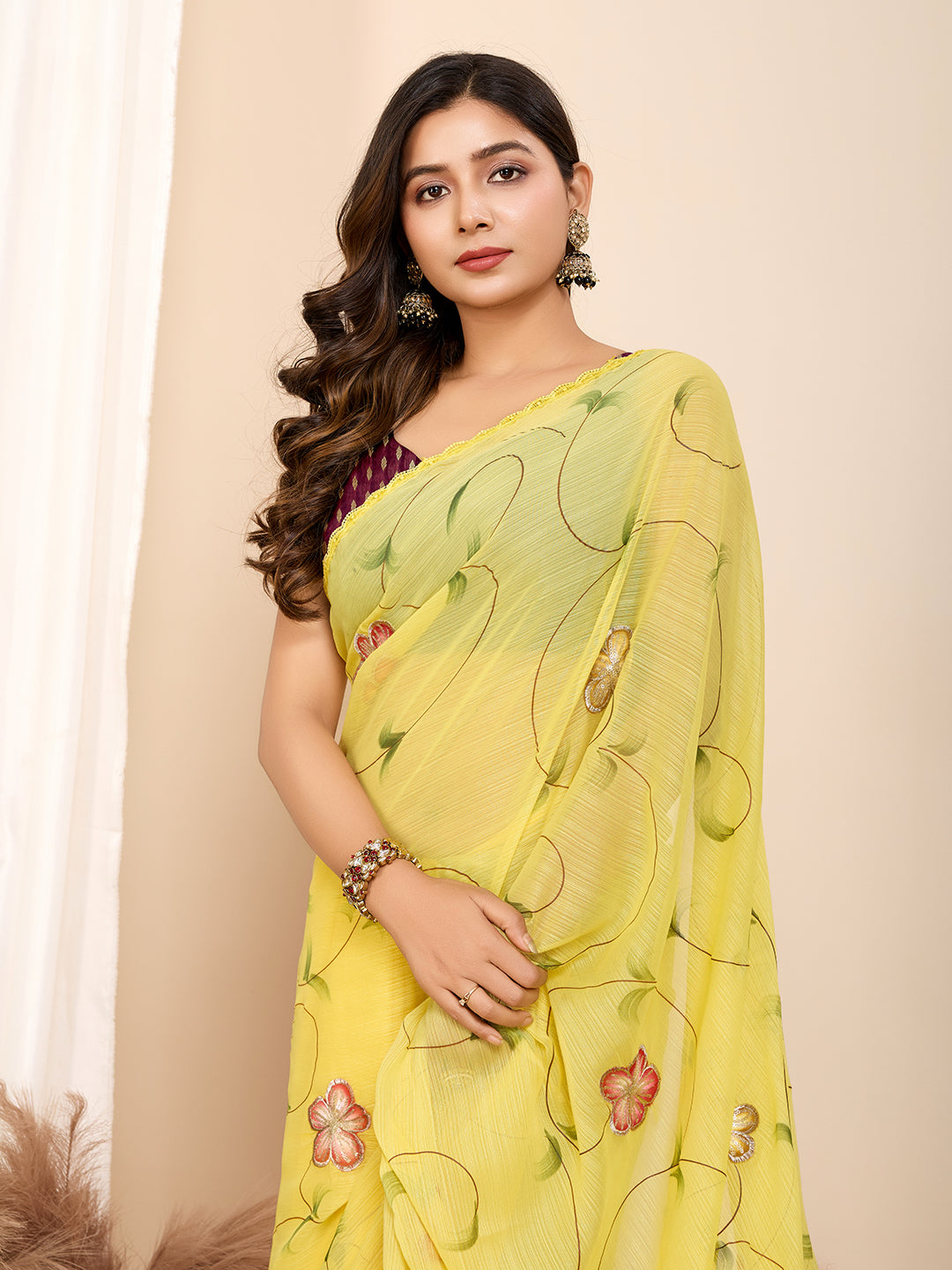 Vedant Vastram Georgette Printed Fancy Saree - Yellow