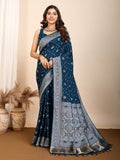 Vedant Vastram Maslin Dola Silk Kanjeevaram Silk Saree - Navy
