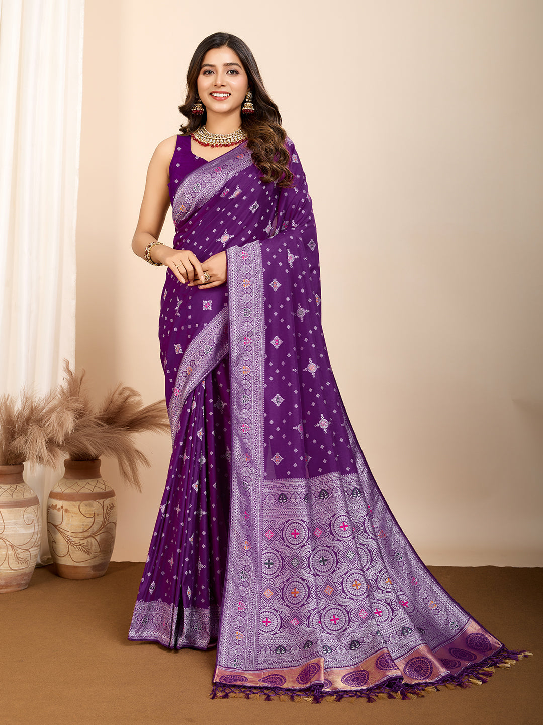 Vedant Vastram Maslin Dola Silk Kanjeevaram Silk Saree - Purple
