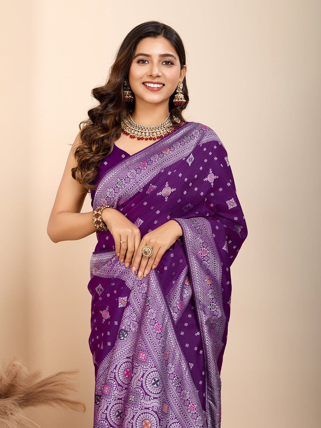 Vedant Vastram Maslin Dola Silk Kanjeevaram Silk Saree - Purple