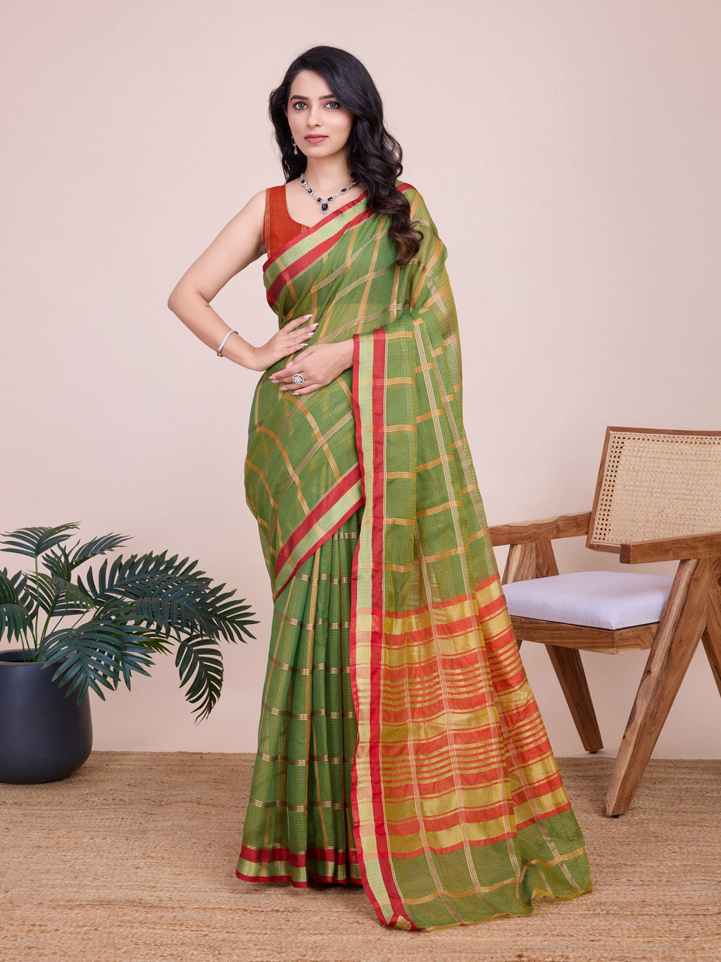 Vedant Vastram Cotton Silk Jacquard Fancy Saree - Mahendi