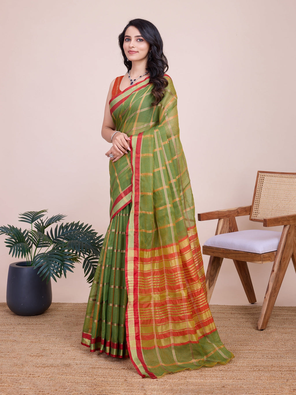 Vedant Vastram Cotton Silk Jacquard Fancy Saree - Mahendi