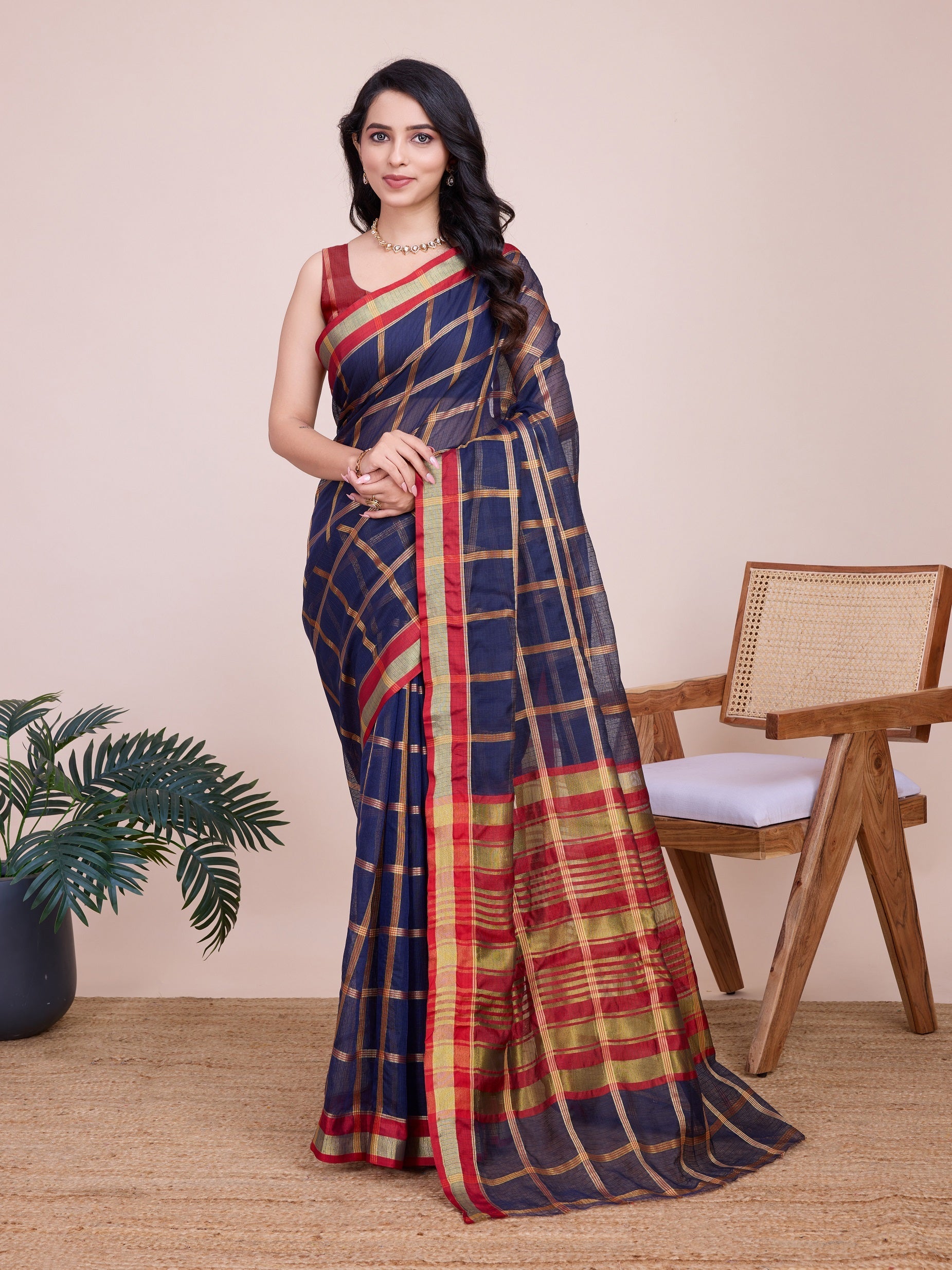 Vedant Vastram Cotton Silk Jacquard Fancy Saree - Navy