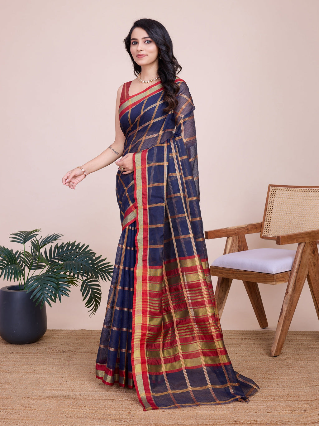 Vedant Vastram Cotton Silk Jacquard Fancy Saree - Navy
