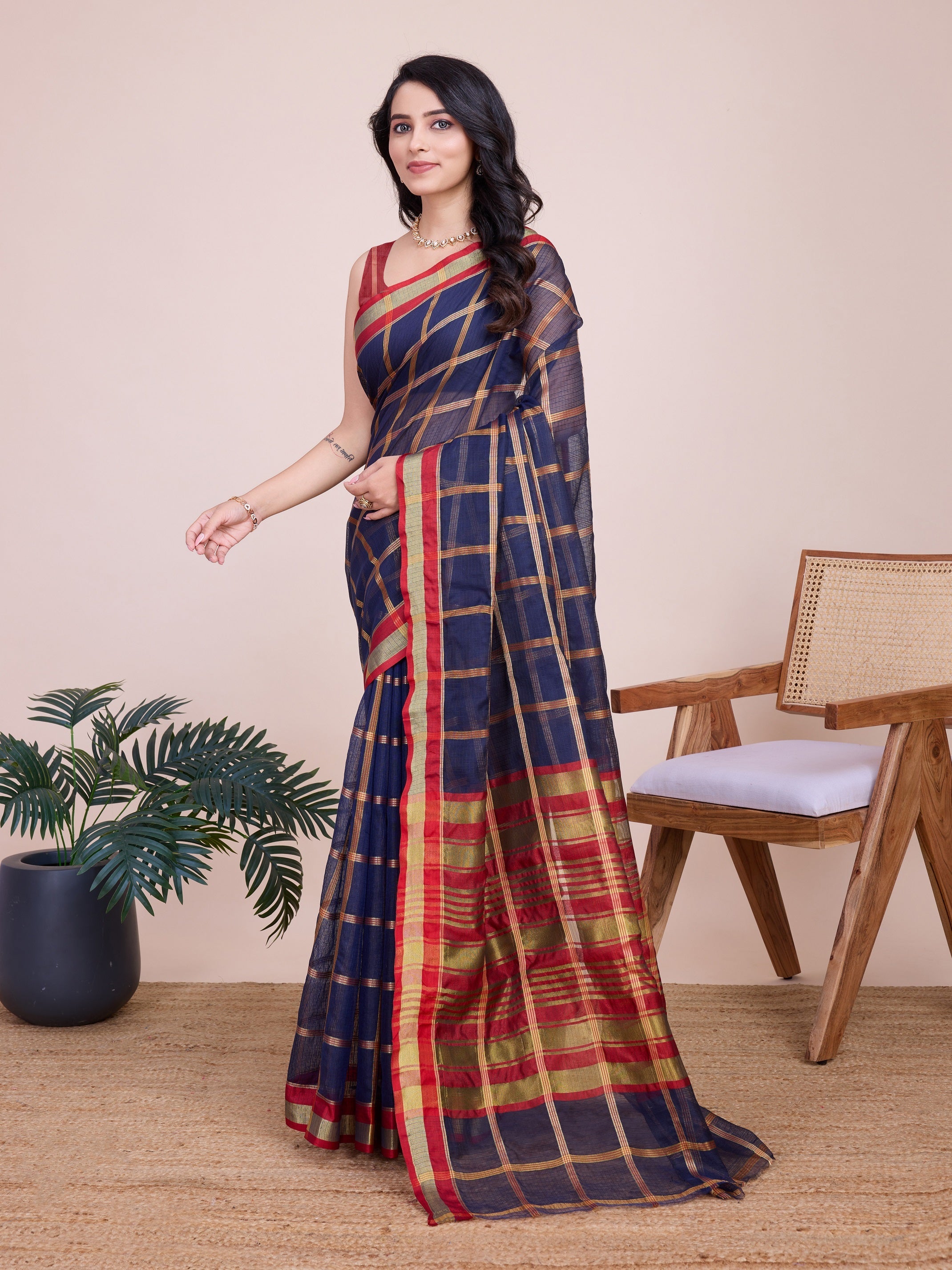 Vedant Vastram Cotton Silk Jacquard Fancy Saree - Navy
